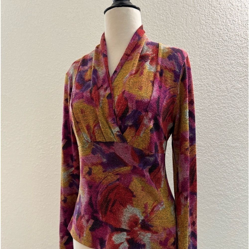 Investments Abstract Multicolor Print‎ Long Sleeve V-Neck Colorful Blouse Sz. S